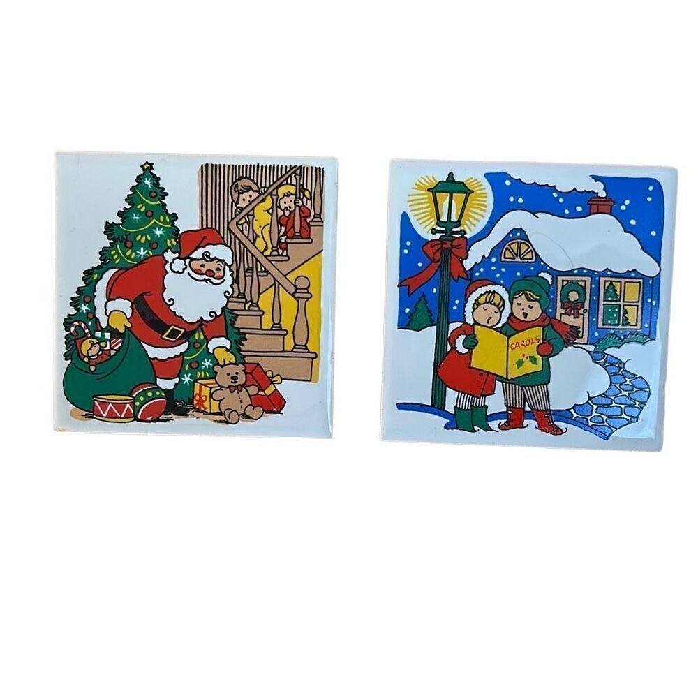 Vintage Holiday Christmas Hot Plate Ceramic Tiles Santa and Carolers